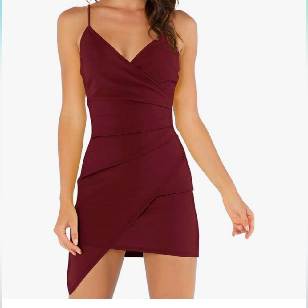 Amazon | asymmetrical mini cocktail dress| Burgundy| Size: XS
